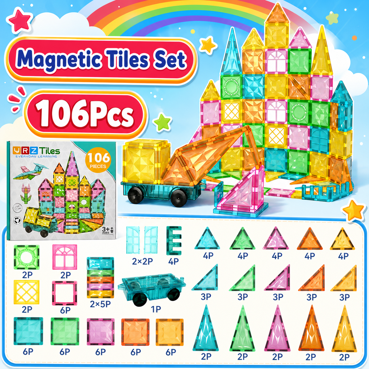 YRZtiles 106pcs STEM Magnetic Tiles and Building Blocks