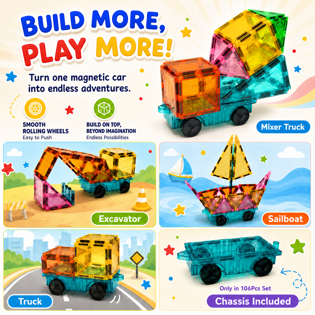 YRZtiles 106pcs STEM Magnetic Tiles and Building Blocks